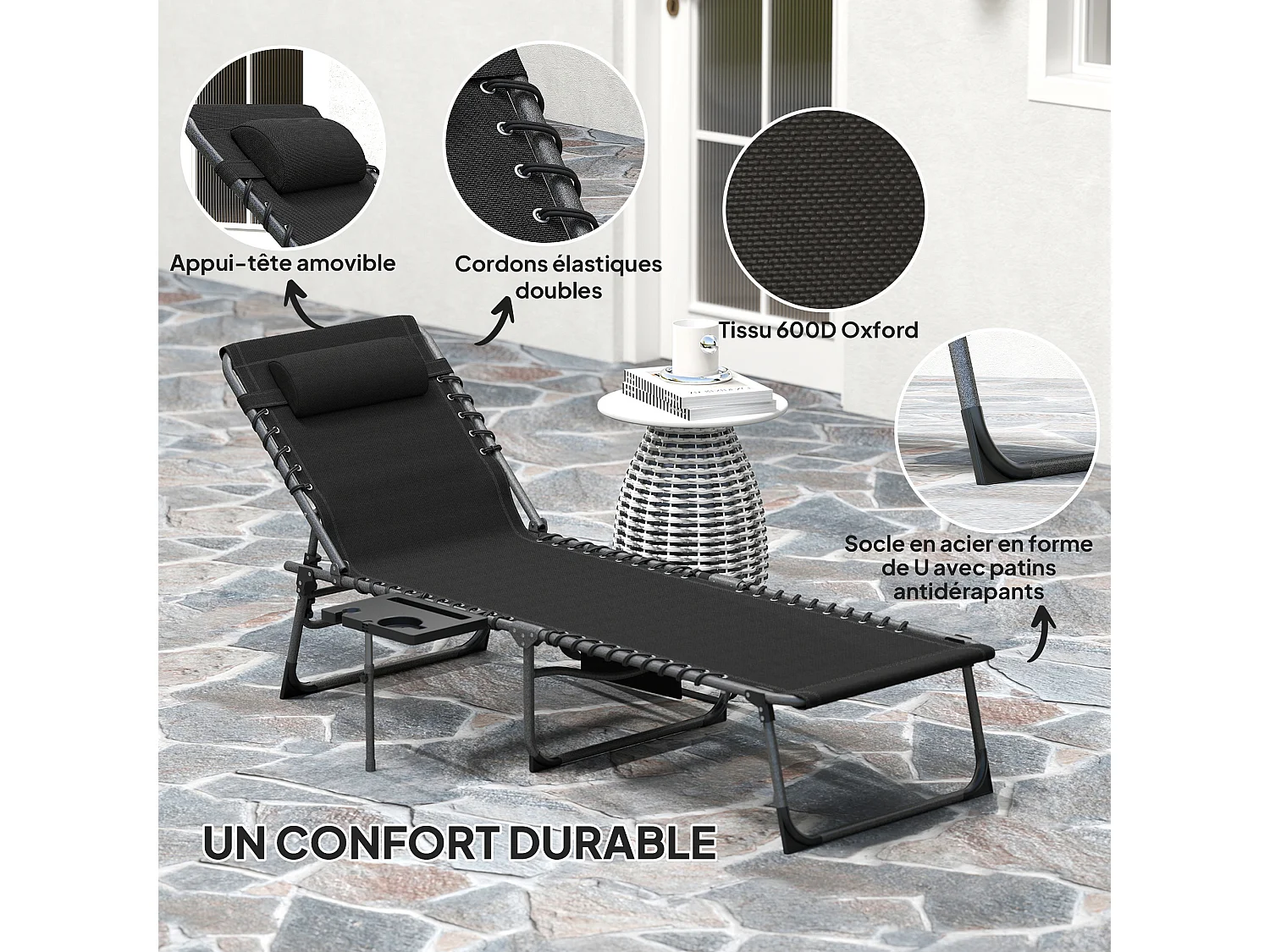 Bain de soleil transat pliable inclinable avec poignée, plateau et pochette rangement acier oxford noir