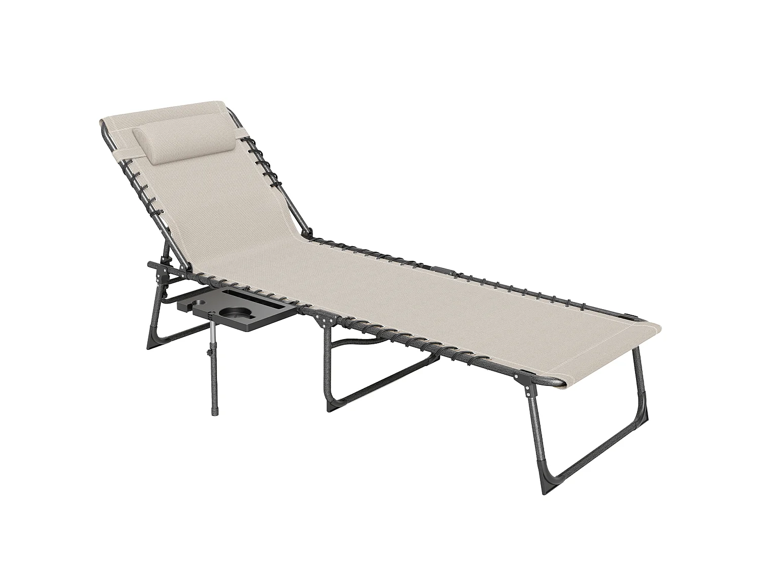 Bain de soleil transat pliable inclinable avec poignée, plateau et pochette rangement acier oxford crème