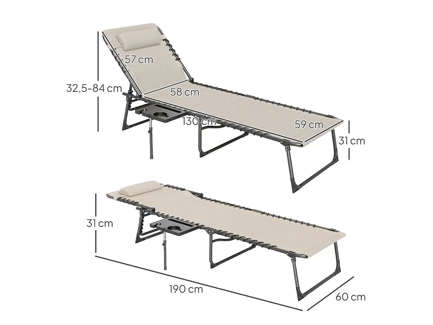 Bain de soleil transat pliable inclinable avec poignée, plateau et pochette rangement acier oxford crème