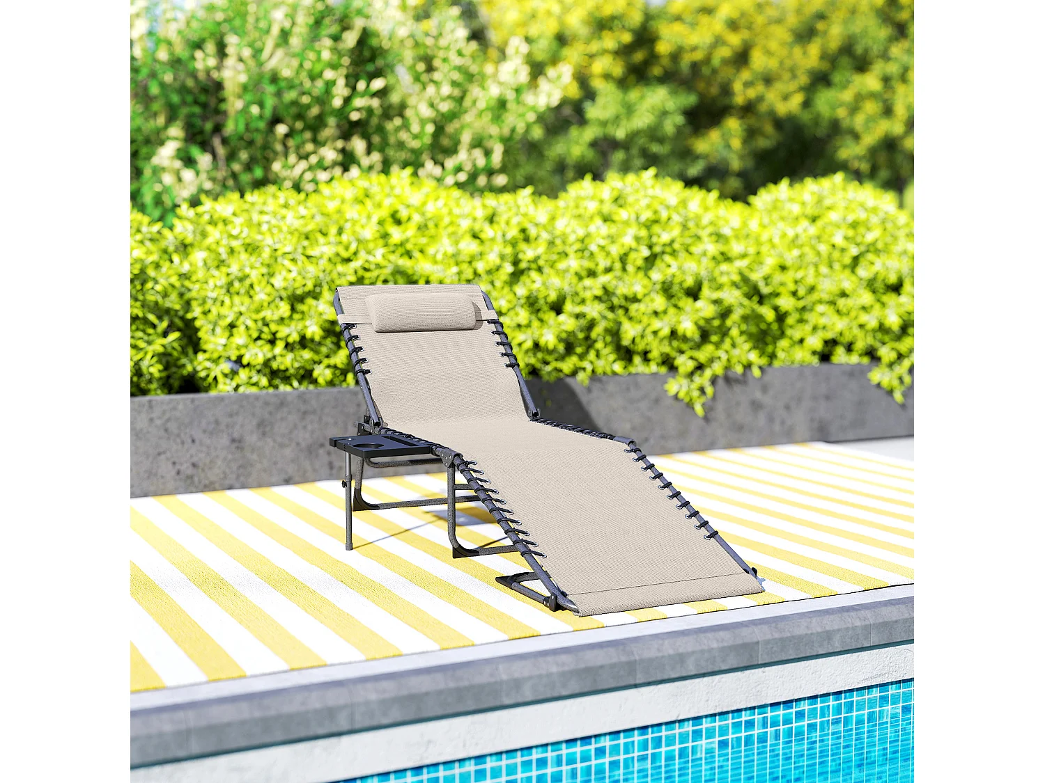 Bain de soleil transat pliable inclinable avec poignée, plateau et pochette rangement acier oxford crème