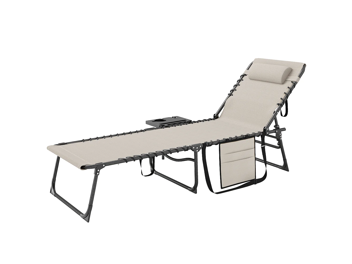 Bain de soleil transat pliable inclinable avec poignée, plateau et pochette rangement acier oxford crème