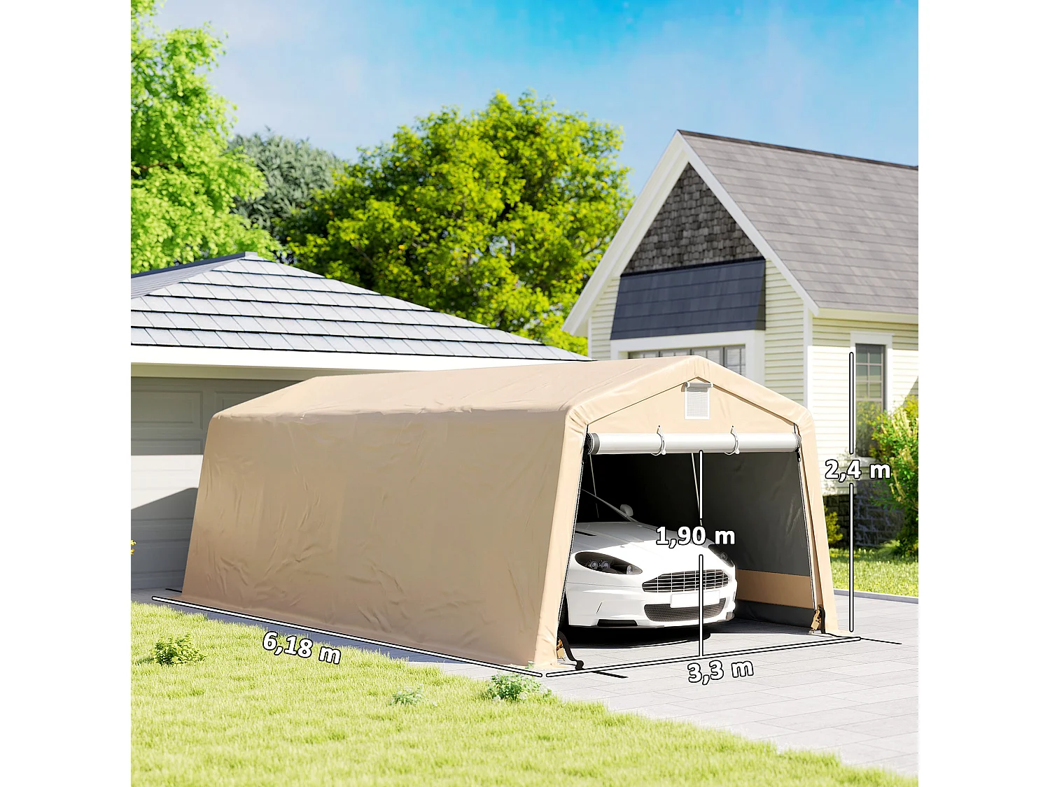 Tente garage carport dim 6L x 3,3l x 2,4H m acier galvanisé robuste PE haute densité 150 g/m² imperméable anti-UV beige