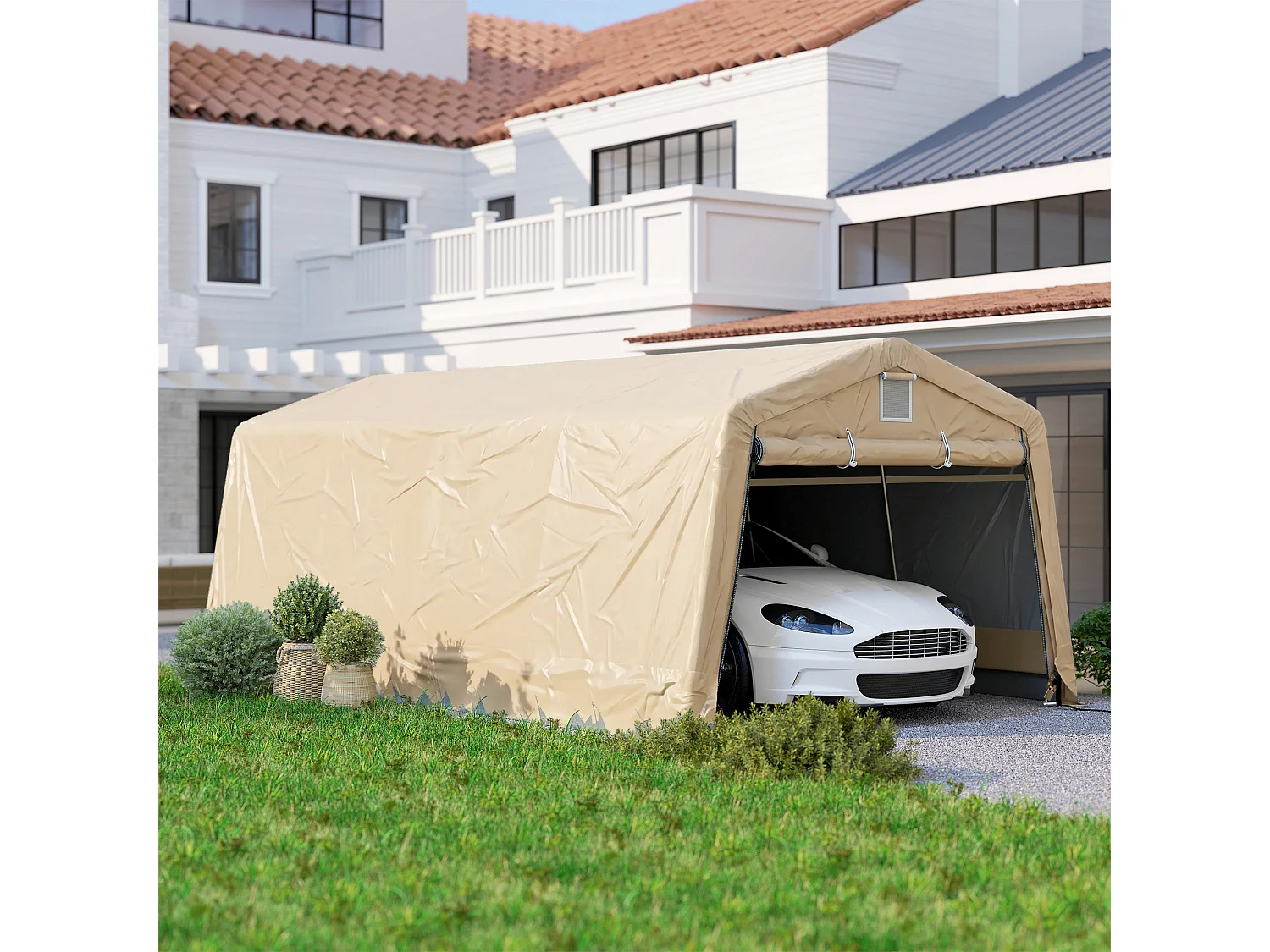 Tente garage carport dim 6L x 3,3l x 2,4H m acier galvanisé robuste PE haute densité 150 g/m² imperméable anti-UV beige