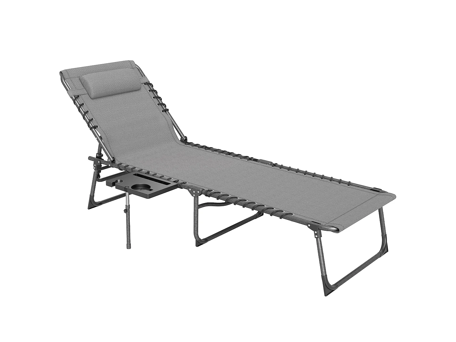 Bain de soleil transat pliable inclinable avec poignée, plateau et pochette rangement acier oxford gris