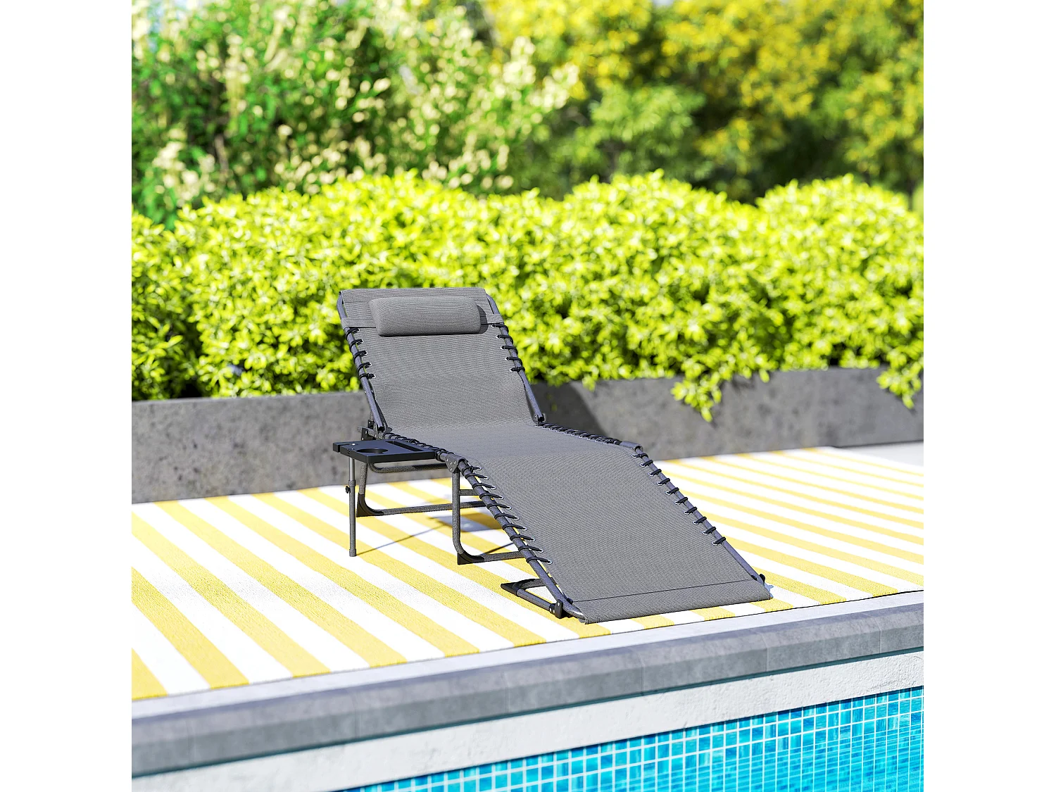 Bain de soleil transat pliable inclinable avec poignée, plateau et pochette rangement acier oxford gris
