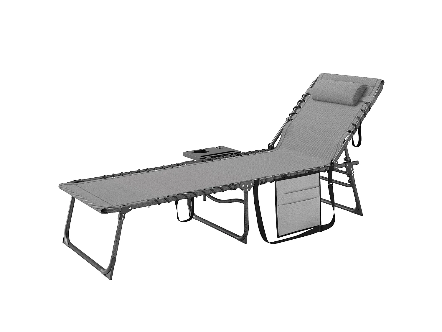 Bain de soleil transat pliable inclinable avec poignée, plateau et pochette rangement acier oxford gris