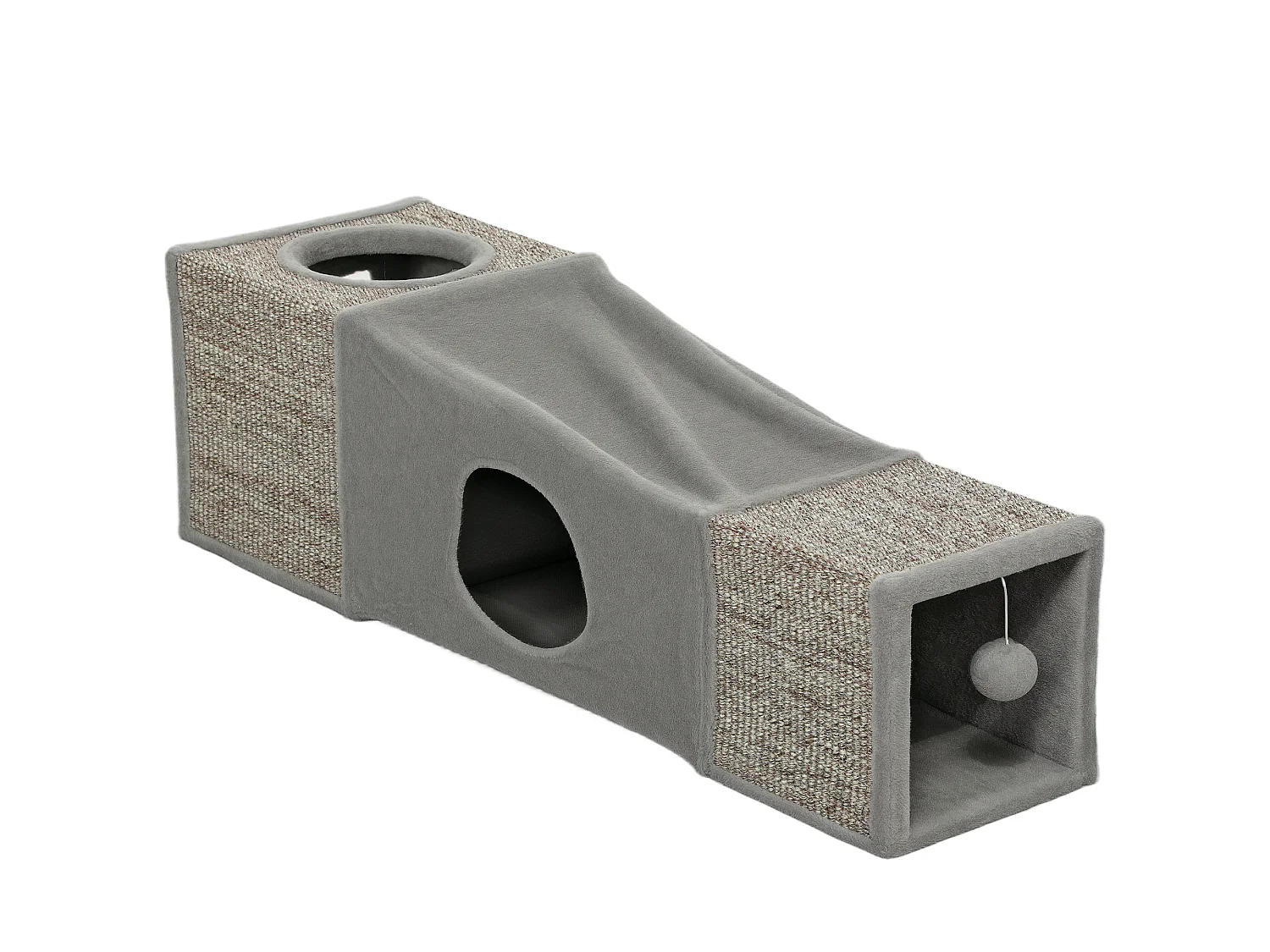 Tunnel grattoir niche modulable pour chat 3 en 1 - jeu balle suspendue - 4 entrées - peluche sisal gris