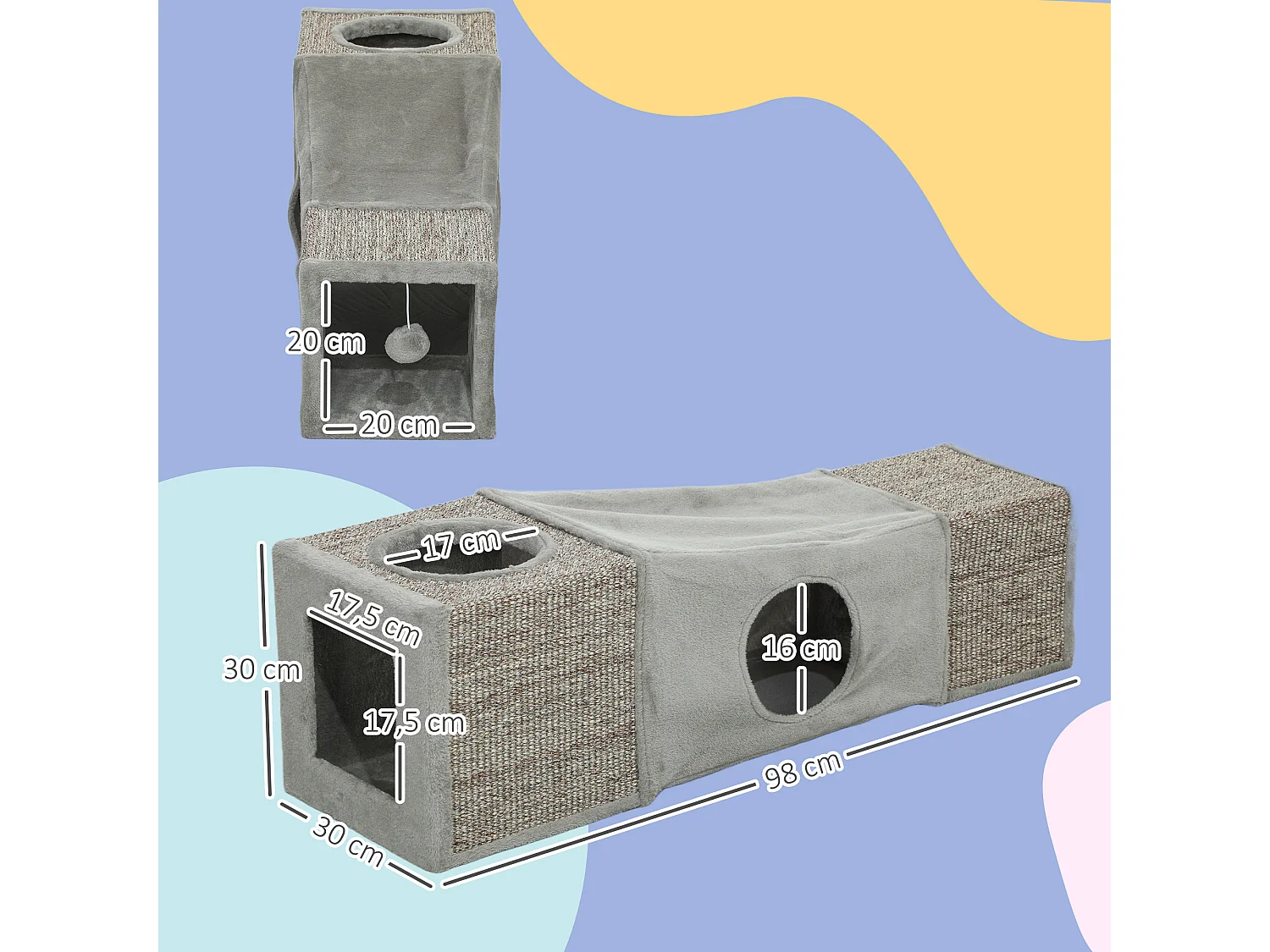 Tunnel grattoir niche modulable pour chat 3 en 1 - jeu balle suspendue - 4 entrées - peluche sisal gris