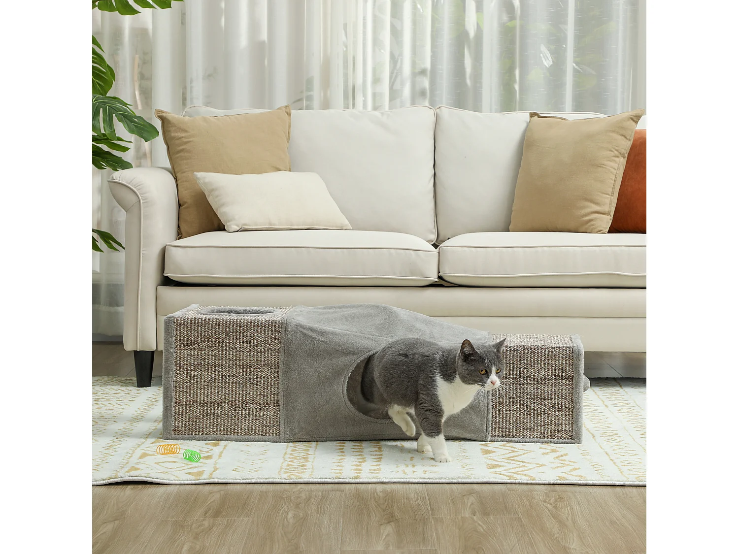 Tunnel grattoir niche modulable pour chat 3 en 1 - jeu balle suspendue - 4 entrées - peluche sisal gris