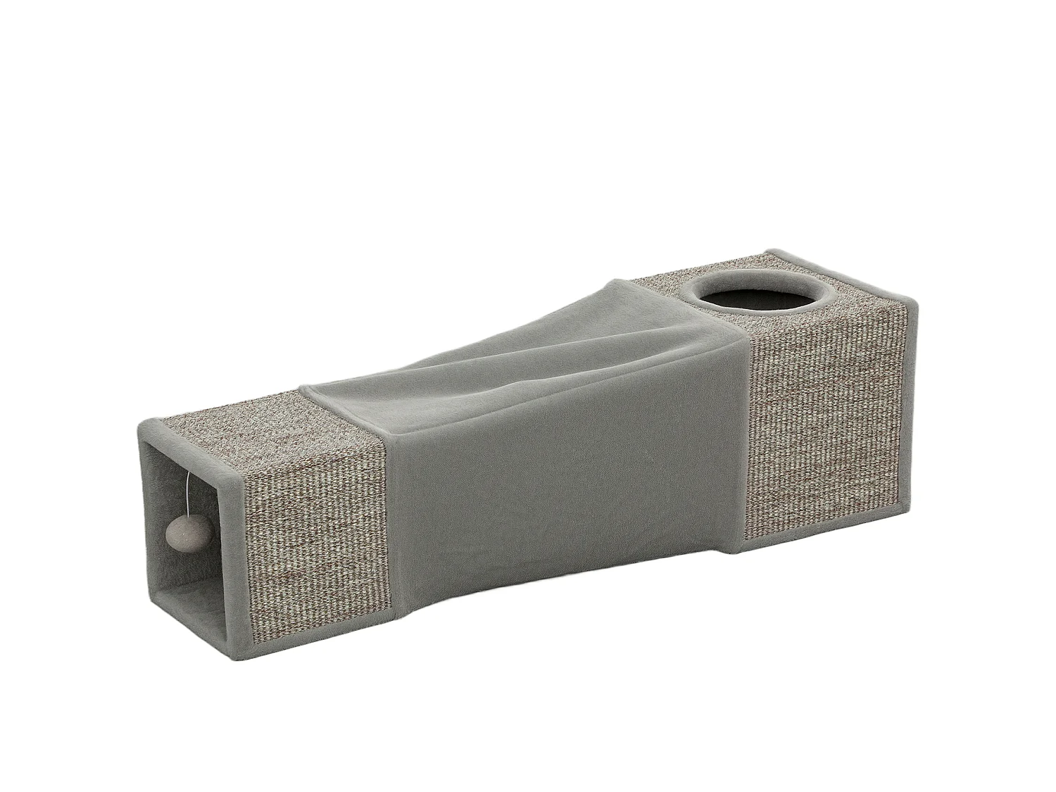 Tunnel grattoir niche modulable pour chat 3 en 1 - jeu balle suspendue - 4 entrées - peluche sisal gris