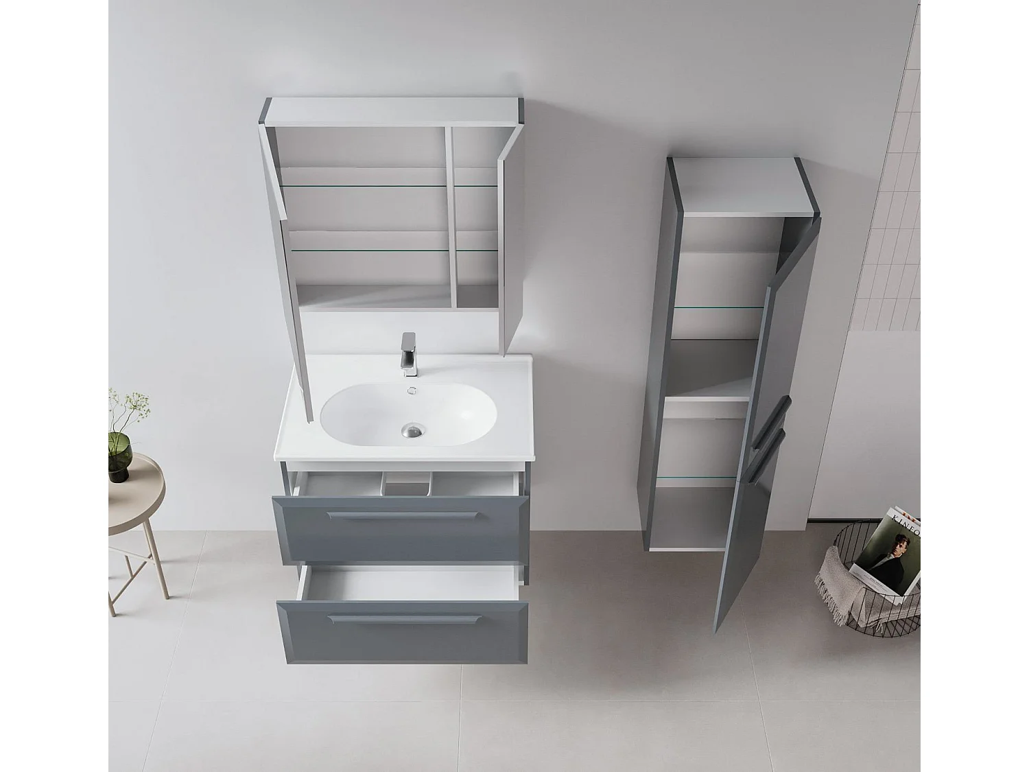 Wastafelmeubel met spiegel (2-delig) "Nuvola 80 v2" - 80 x 50 x 62 cm - Antraciet