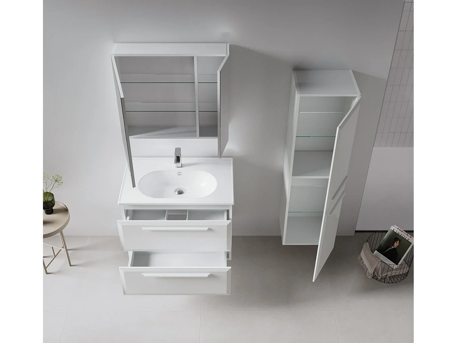 Wastafelmeubel met spiegel (2-delig) "Nuvola 80 v2" - 80 x 50 x 62 cm - Cashmere