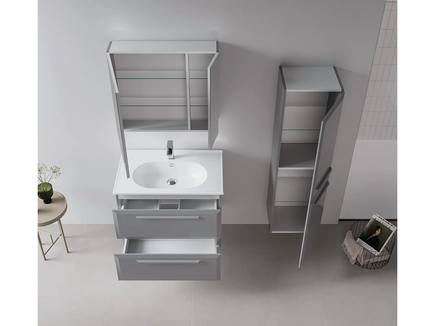 Wastafelmeubel met spiegel (2-delig) "Nuvola 80 v2" - 80 x 50 x 62 cm - Grijs