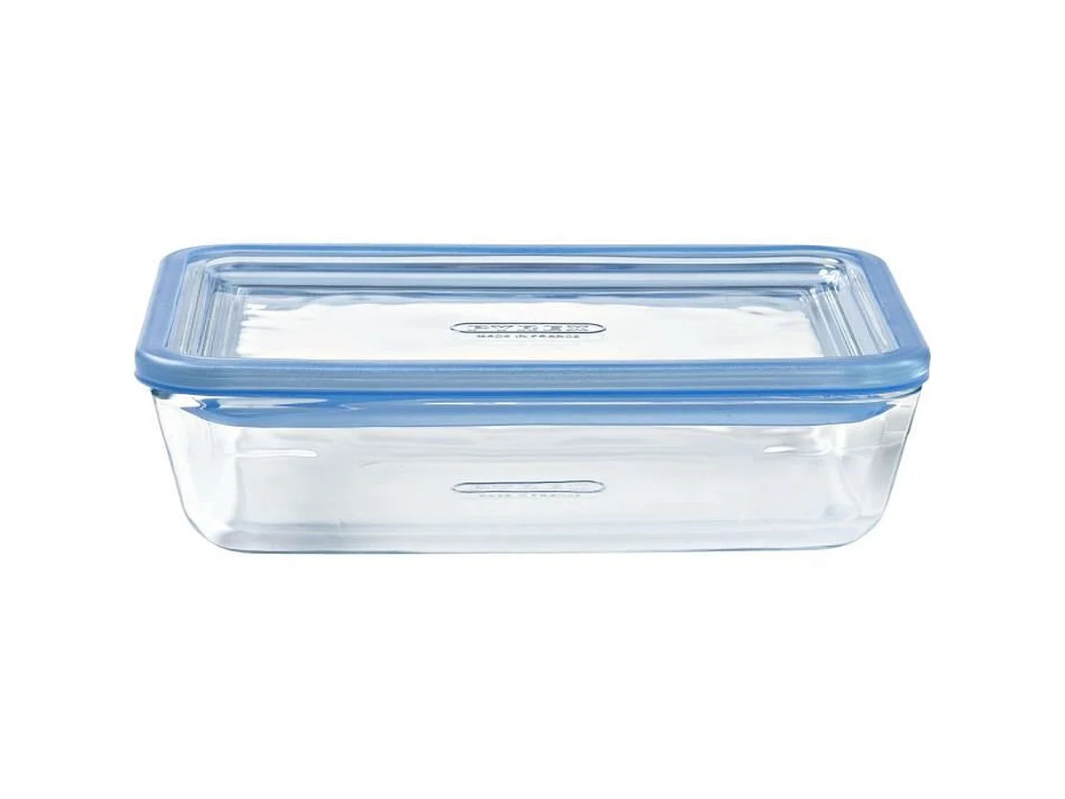 Pyrex Zero Plastic Glazen Voedselopbergcontainers - Set van 3 Rechthoekige Borosilicaatglas (0.8 / 1.5 / 2.6 L) met Blauwe Luchtdichte Deksel