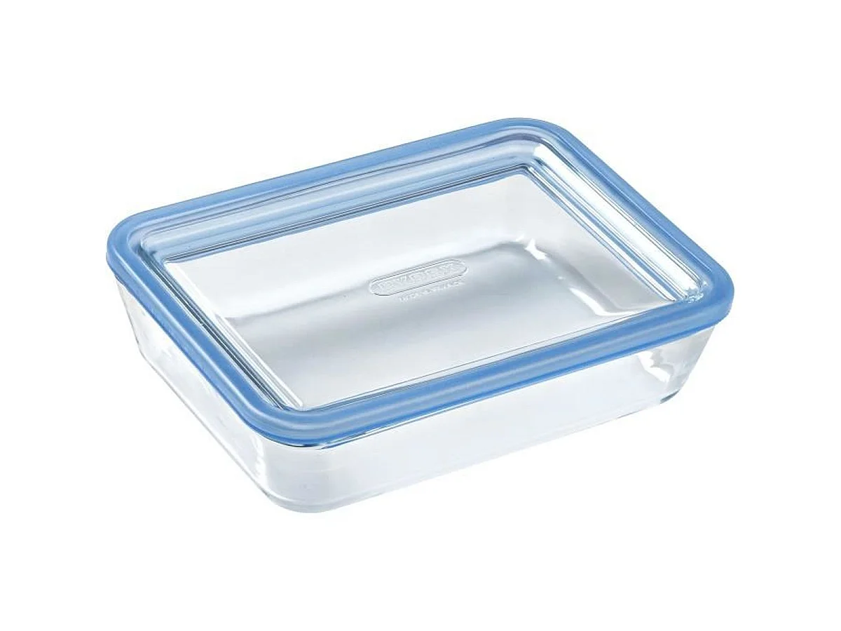 Pyrex Zero Plastic Glazen Voedselopbergcontainers - Set van 3 Rechthoekige Borosilicaatglas (0.8 / 1.5 / 2.6 L) met Blauwe Luchtdichte Deksel