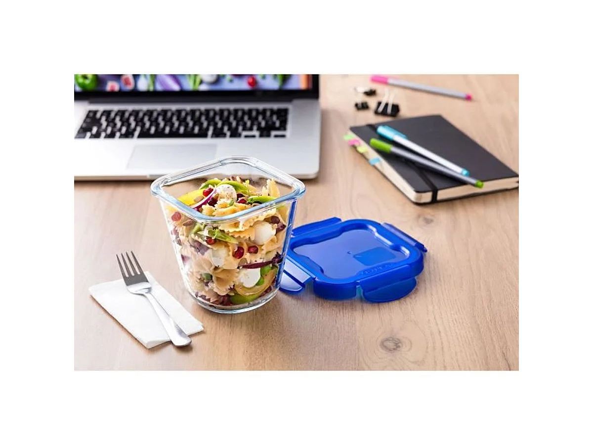 PYREX Cook & Go Pasta Box - Lot de 3 boîtes en verre 12 x 12 cm 0,8 L avec couvercles étanches bleus