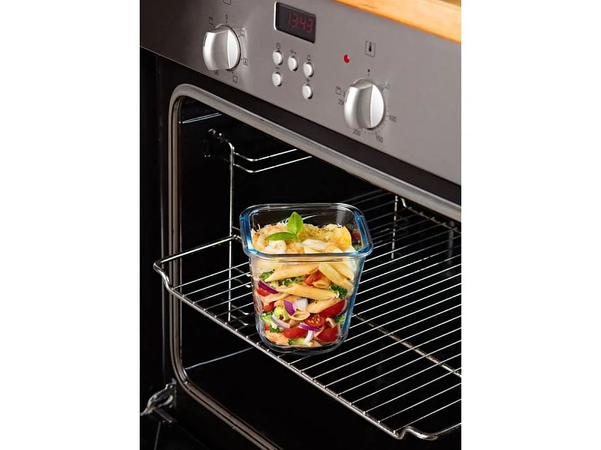 PYREX Cook & Go Pasta Box - Lot de 3 boîtes en verre 12 x 12 cm 0,8 L avec couvercles étanches bleus