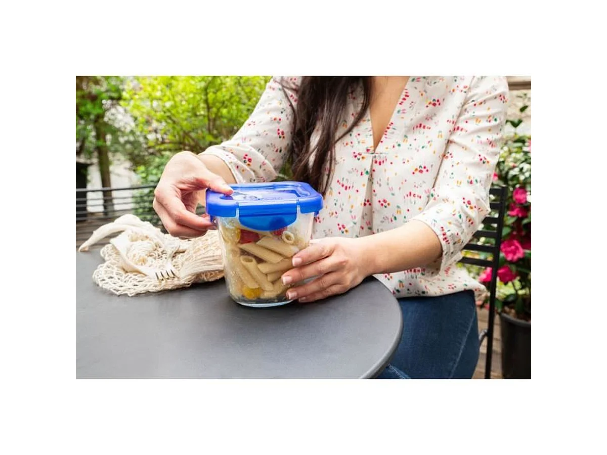 PYREX Cook & Go Pasta Box - Lot de 3 boîtes en verre 12 x 12 cm 0,8 L avec couvercles étanches bleus