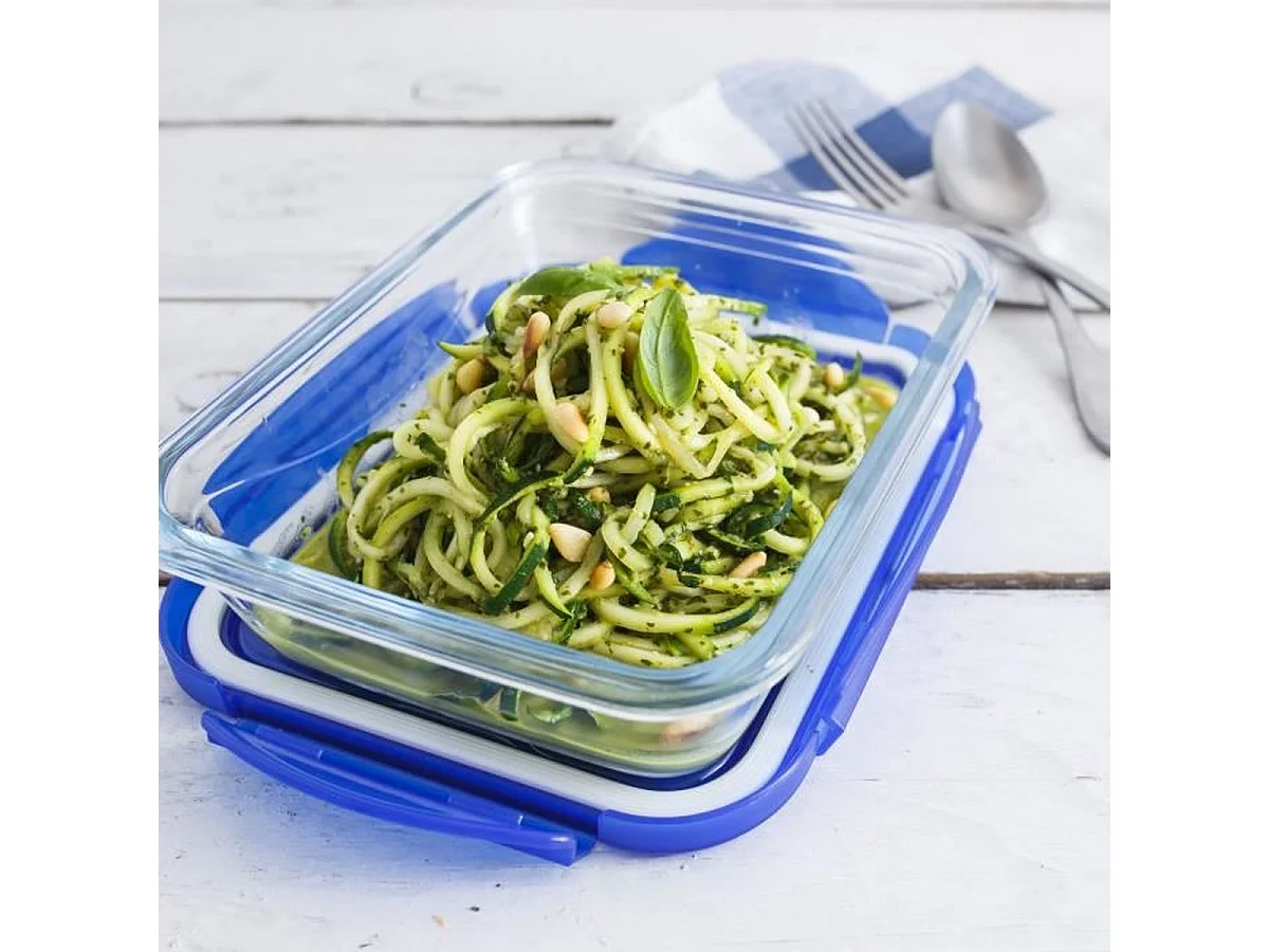 PYREX Cook & Go Lot de 5 boîtes de conservation rectangulaires en verre 0,8 L avec couvercles hermétiques bleus
