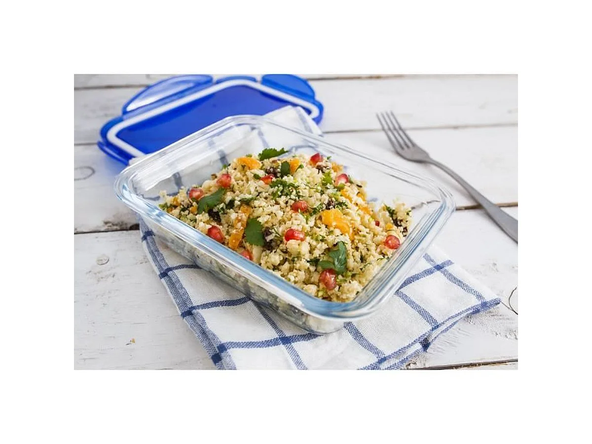 PYREX Cook & Go Lot de 5 boîtes de conservation rectangulaires en verre 0,8 L avec couvercles hermétiques bleus