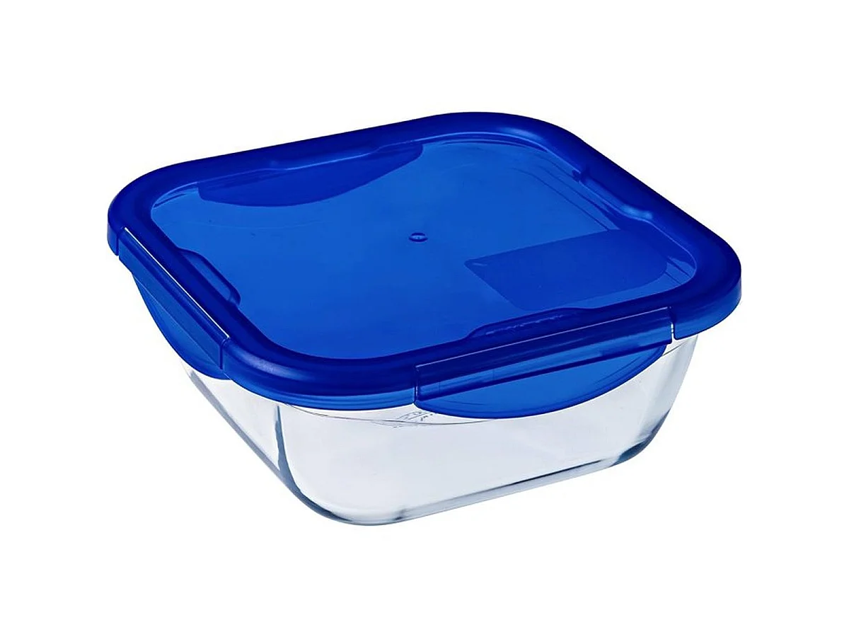 PYREX Cook & Go - Lot de 2 boîtes de conservation carrées en verre borosilicate 0,8 L et 1,9 L avec couvercles bleus