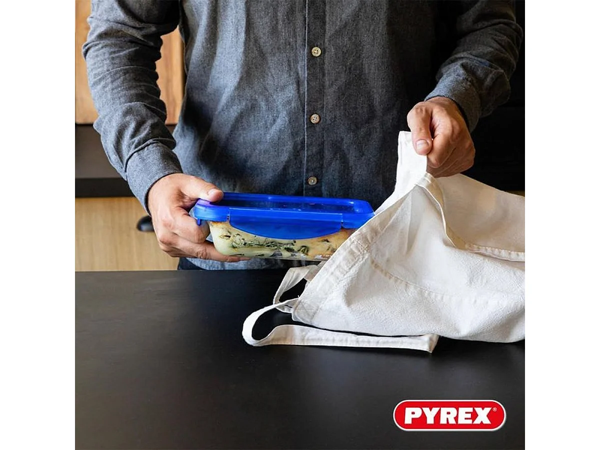 PYREX Cook & Go - Lot de 2 boîtes de conservation carrées en verre borosilicate 0,8 L et 1,9 L avec couvercles bleus