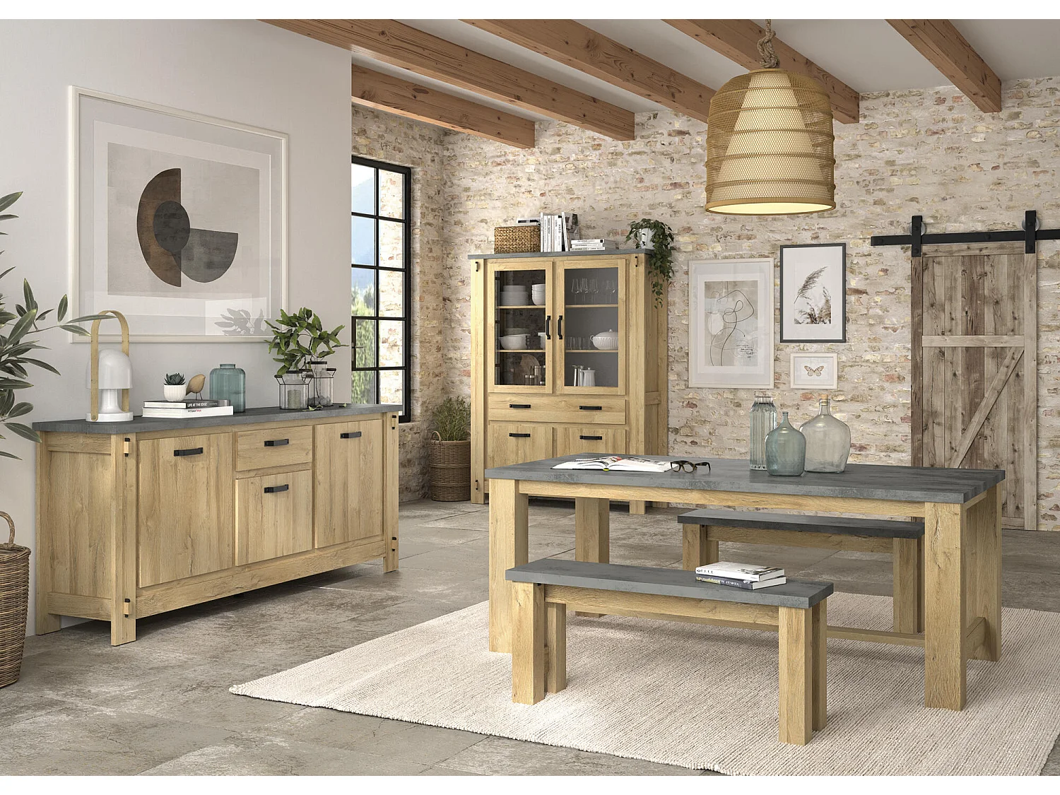 Meuble TV GAMI Louane BROCELIANDE 172x50x49 cm, 2 tiroirs avec niche ouverte