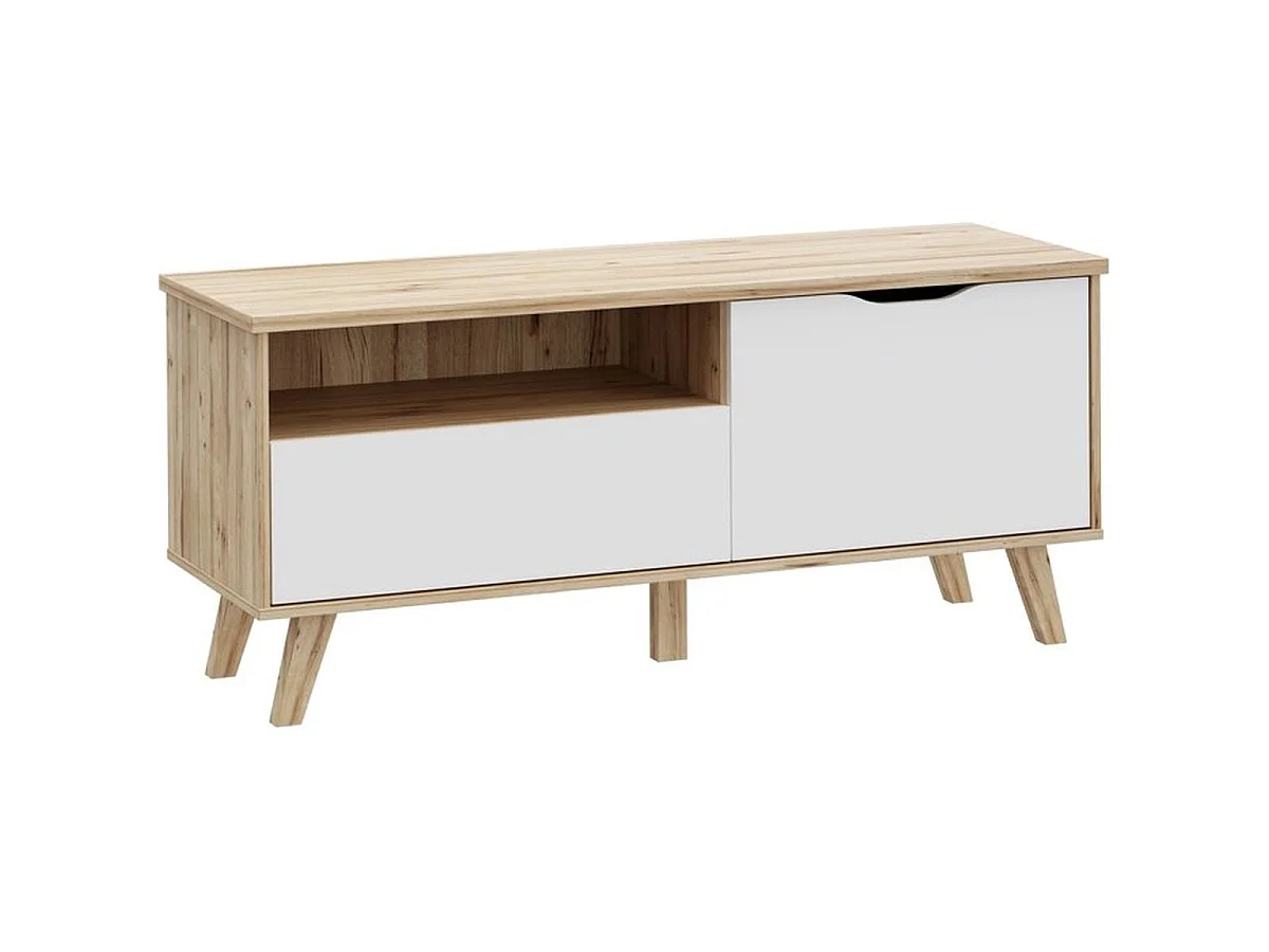 Meuble TV VANKKA 124,4 cm chêne et blanc mat avec porte, tiroir et niche