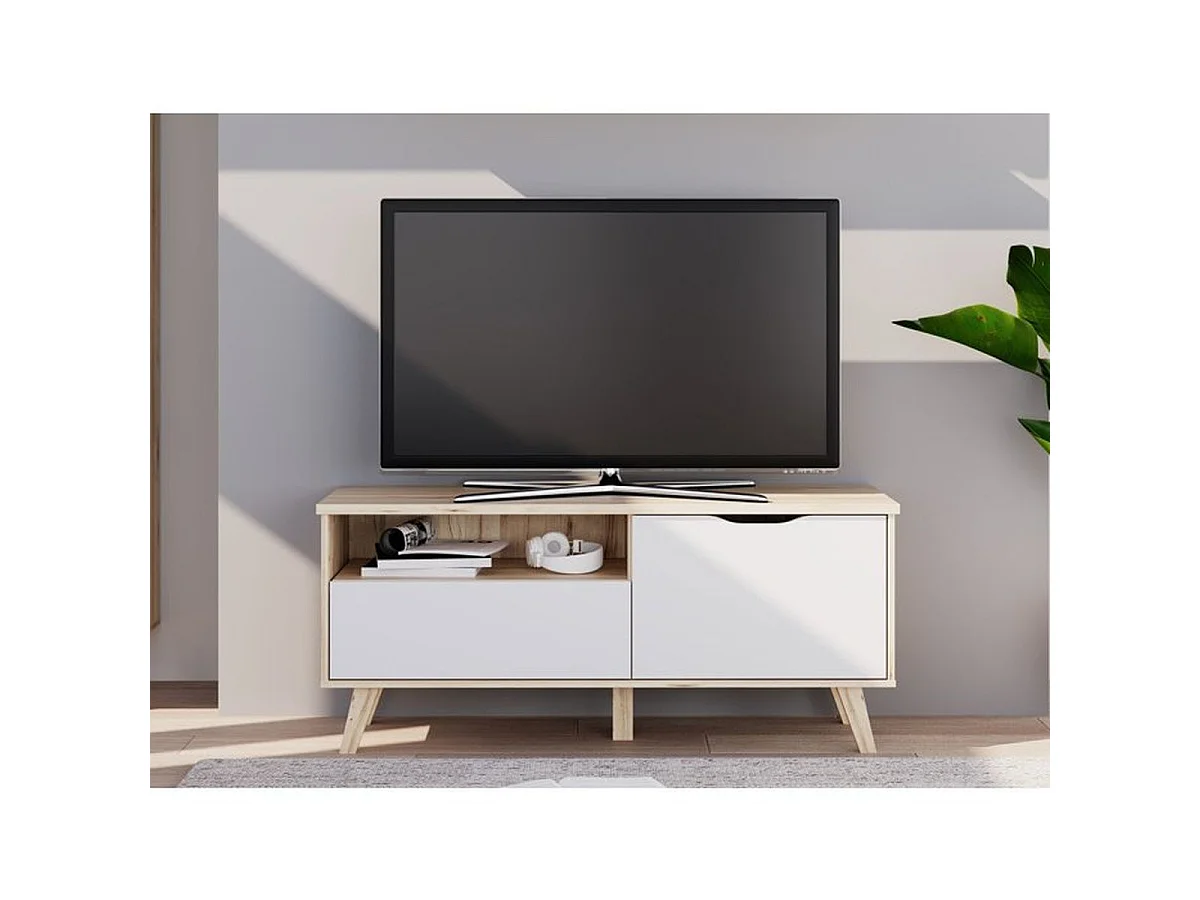 Meuble TV VANKKA 124,4 cm chêne et blanc mat avec porte, tiroir et niche