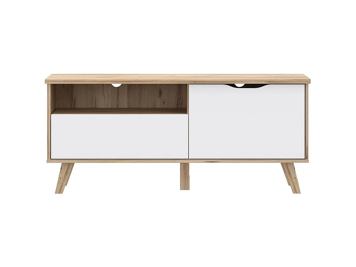Meuble TV VANKKA 124,4 cm chêne et blanc mat avec porte, tiroir et niche
