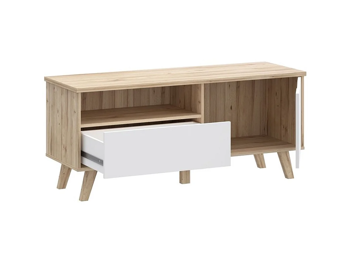 Meuble TV VANKKA 124,4 cm chêne et blanc mat avec porte, tiroir et niche