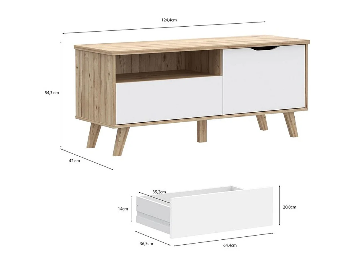 Meuble TV VANKKA 124,4 cm chêne et blanc mat avec porte, tiroir et niche