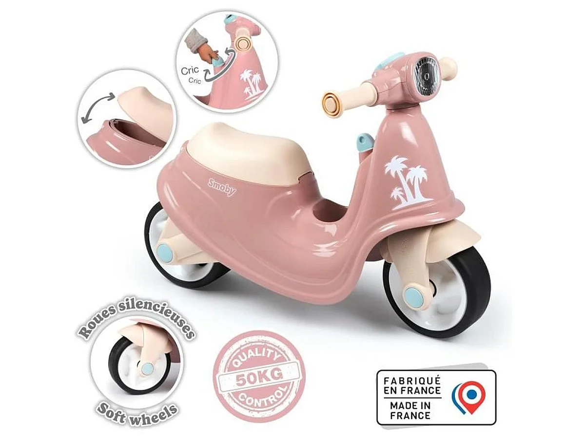 SMOBY Porteur Scooter Rose avec Coffre de Rangement et Roues Silencieuses