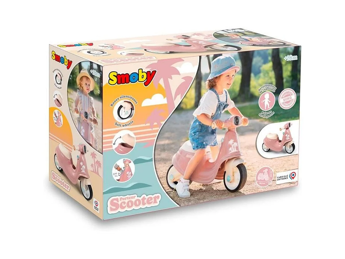 SMOBY Porteur Scooter Rose avec Coffre de Rangement et Roues Silencieuses