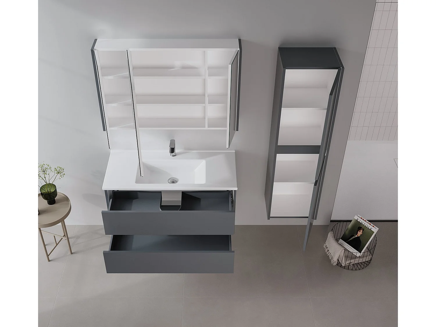 Meuble Salle de Bain avec Miroir "Arno 100" - 100 x 16 x 66 cm - Grey / Anthracite