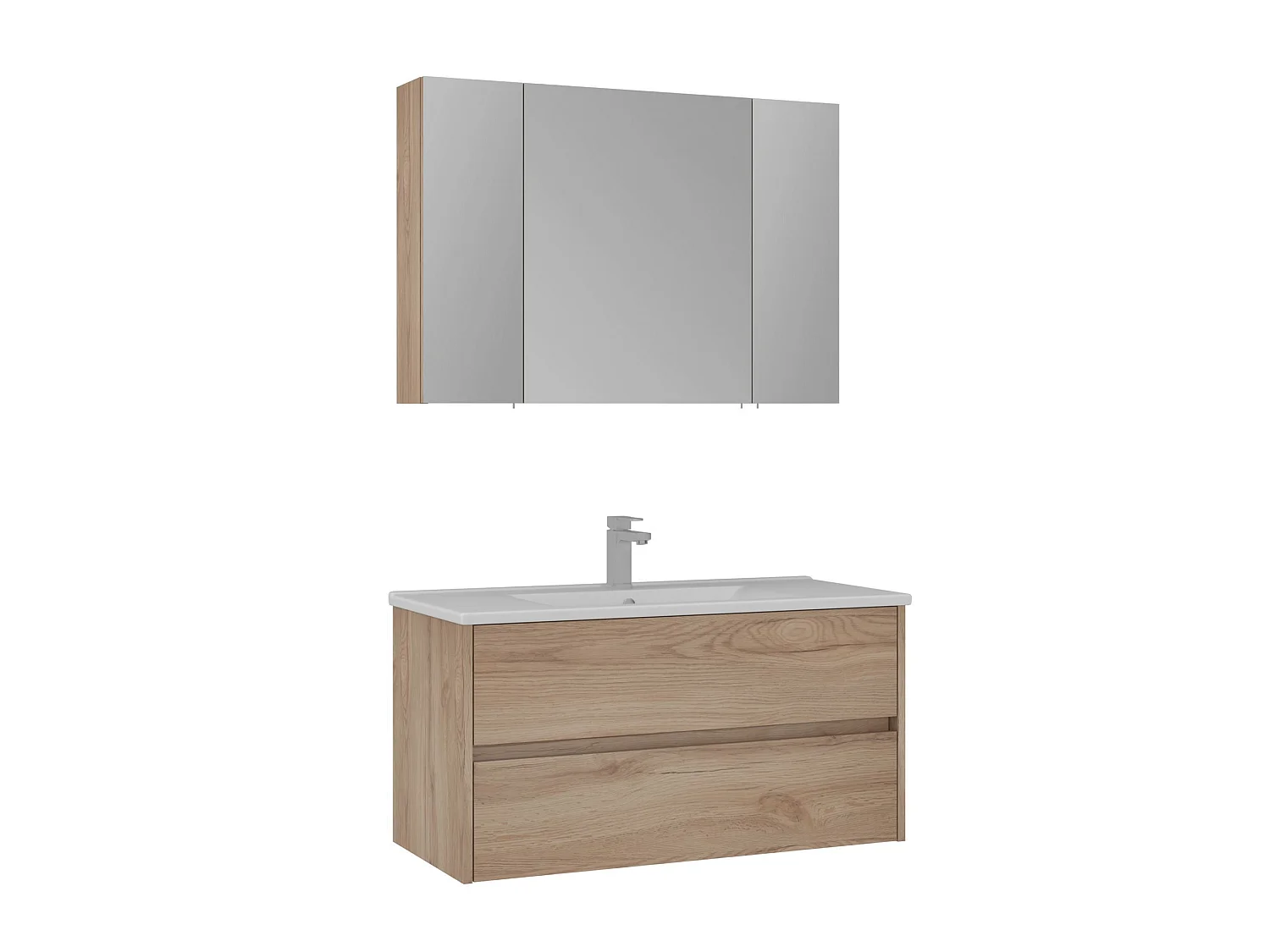 Wastafelmeubel met spiegel (2-delig) "Side 100 v3" - 100 x 16 x 52 cm - Eiken