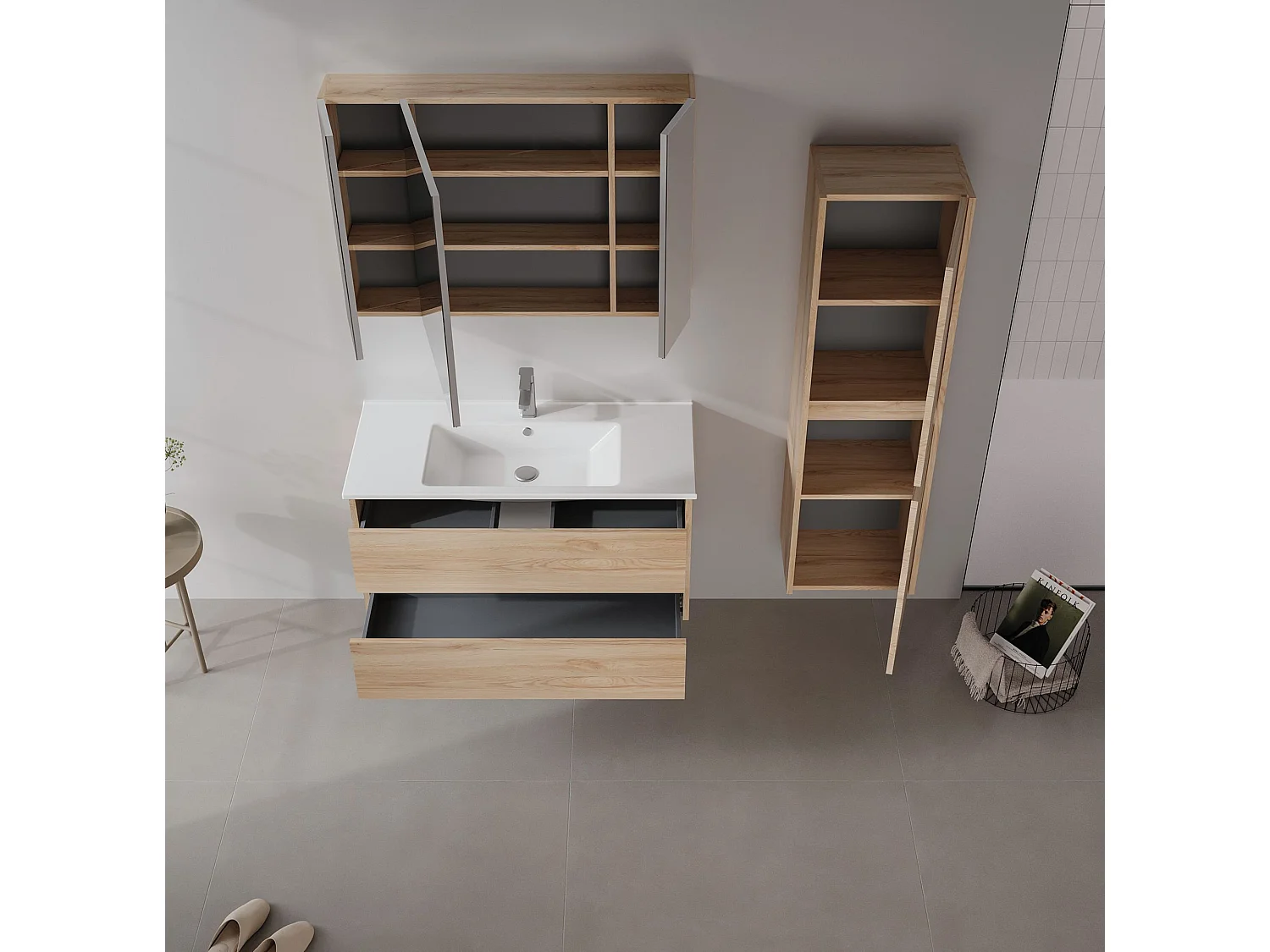 Wastafelmeubel met spiegel (2-delig) "Side 100 v3" - 100 x 16 x 52 cm - Eiken