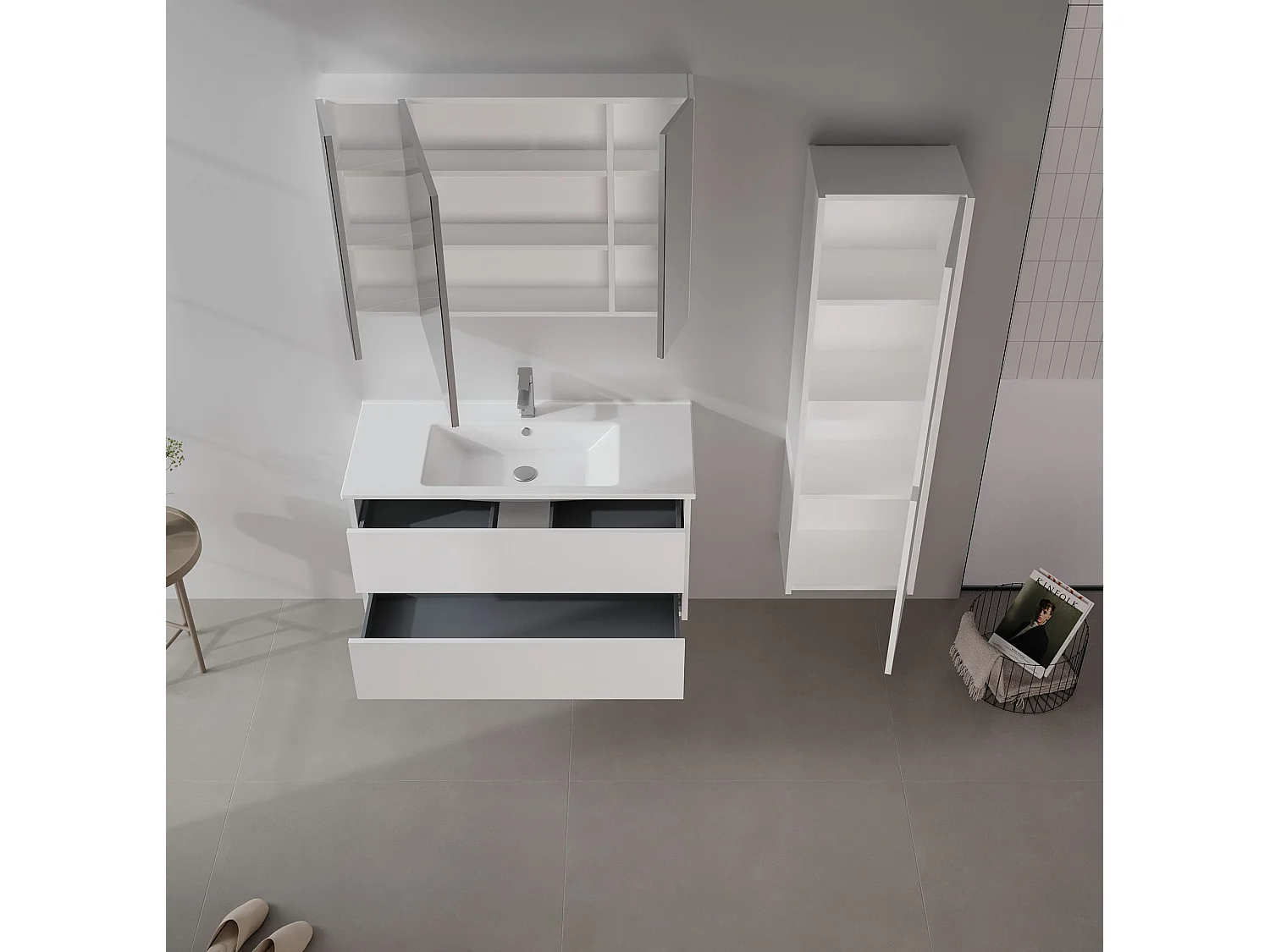 Wastafelmeubel met spiegel (2-delig) "Side 100 v3" - 100 x 16 x 52 cm - Matwit
