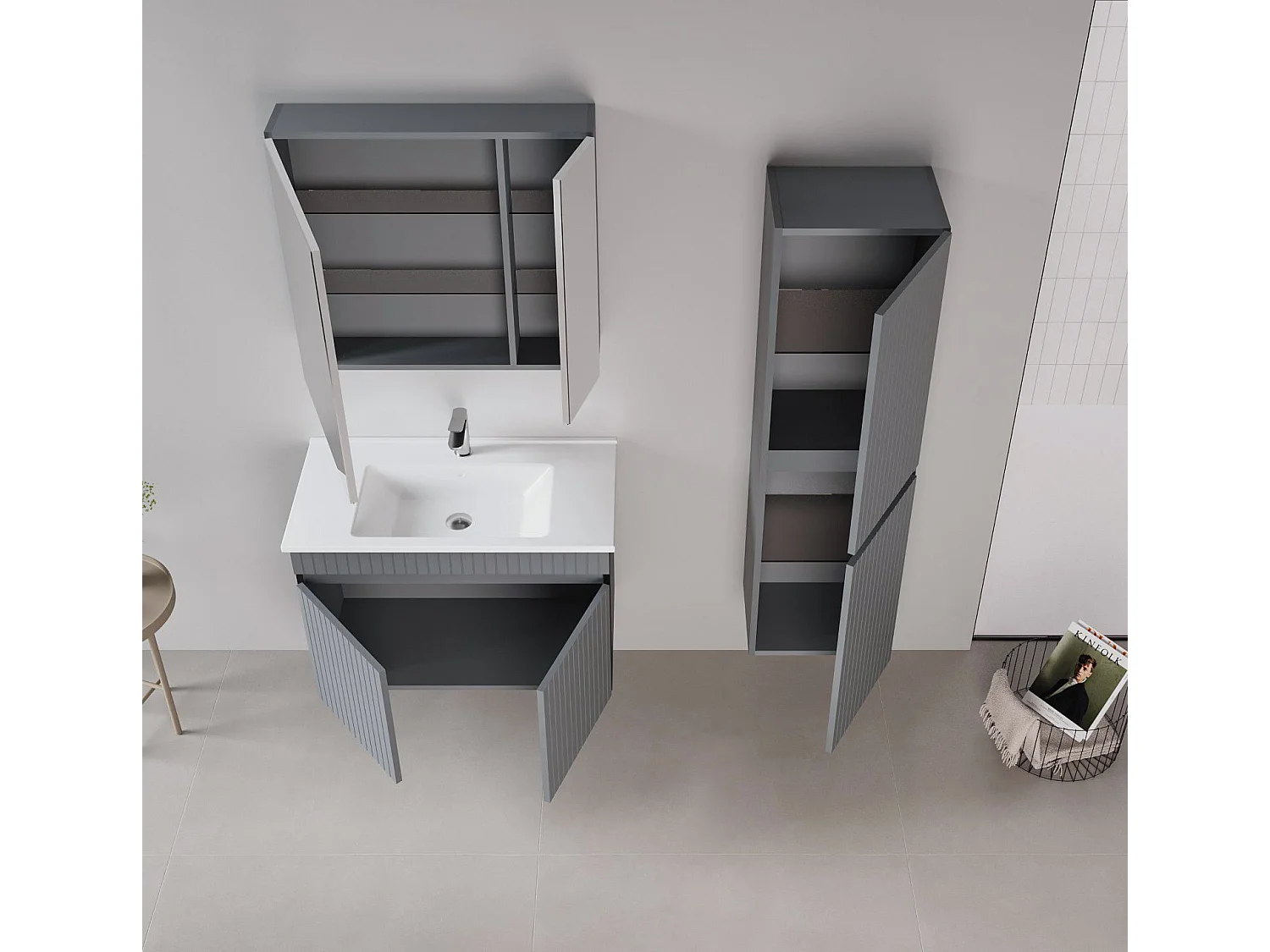 Ensemble Meuble Vasque avec Miroir (2 Pièces) "Tivoli 85" - 85 x 45 x 57 cm - Matte Anthracite