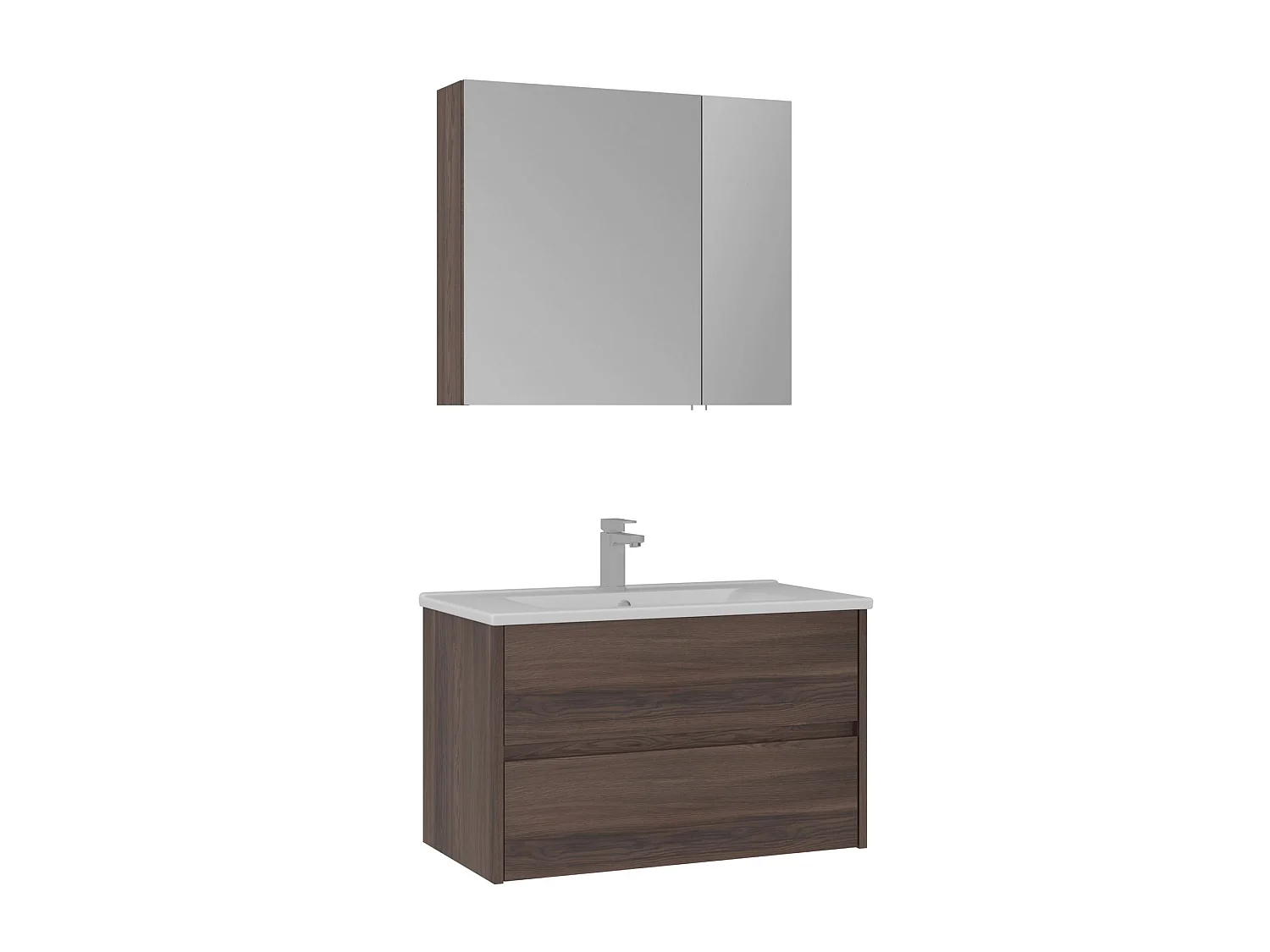 Wastafelmeubel met spiegel (2-delig) "Side 85 v2" - 85 x 45 x 52 cm - Walnoot