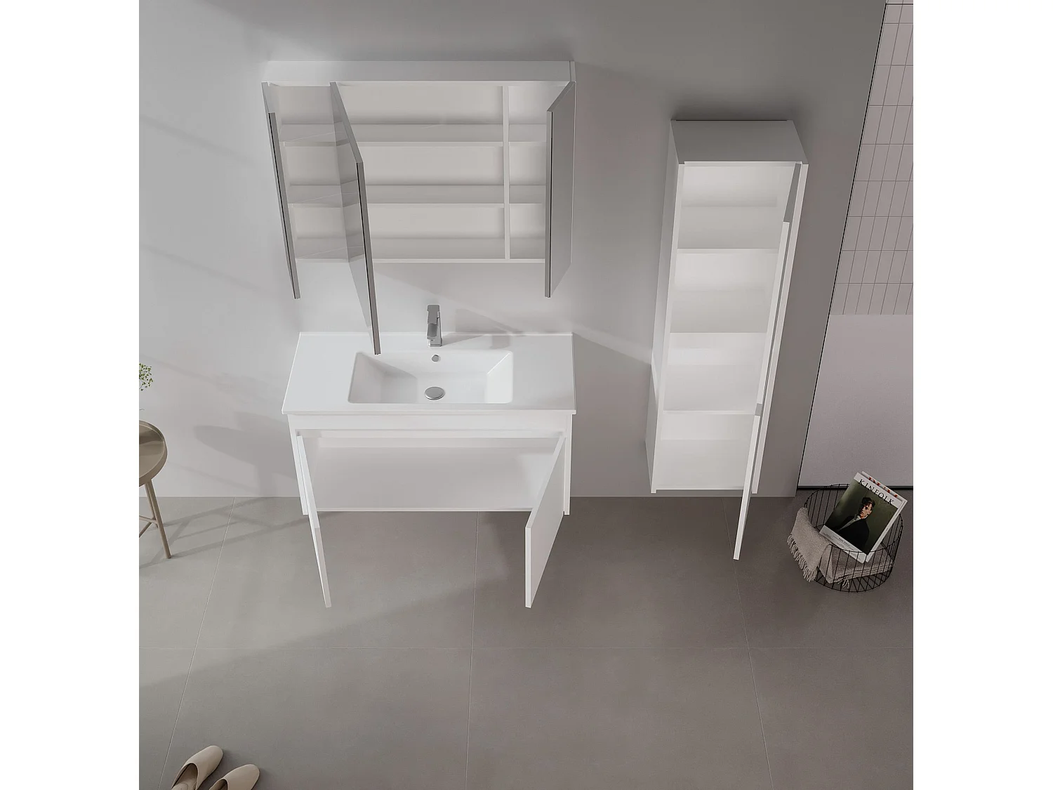 Wastafelmeubel met spiegel (2-delig) "Side 100 v3" - 100 x 45 x 52 cm - Matwit