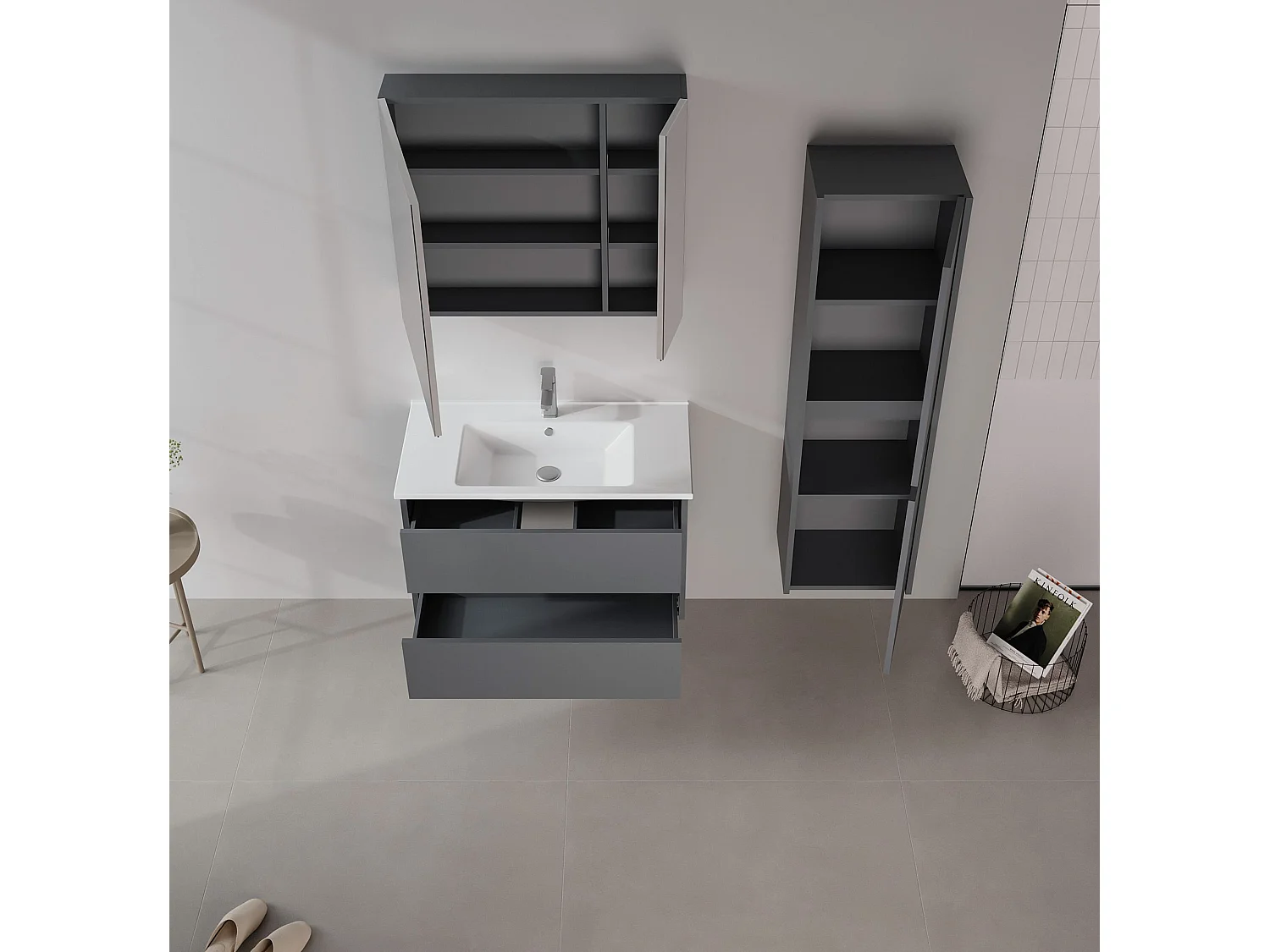 Wastafelmeubel met spiegel (2-delig) "Side 85 v2" - 85 x 45 x 52 cm - Mat antraciet