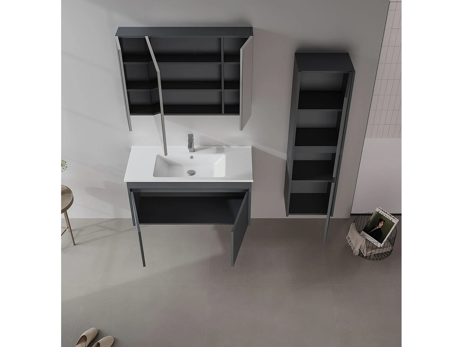 Wastafelmeubel met spiegel (2-delig) "Side 100 v3" - 100 x 45 x 52 cm - Mat antraciet
