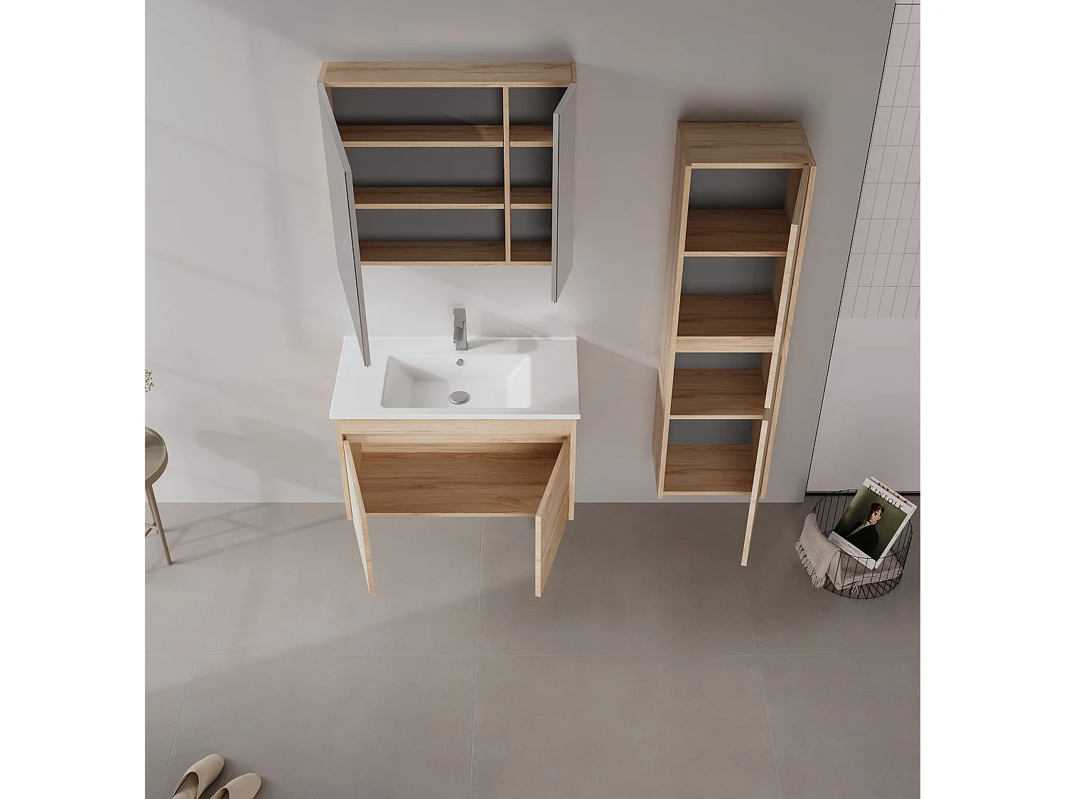 Wastafelmeubel met spiegel (2-delig) "Side 85 v2" - 85 x 45 x 52 cm - Eiken