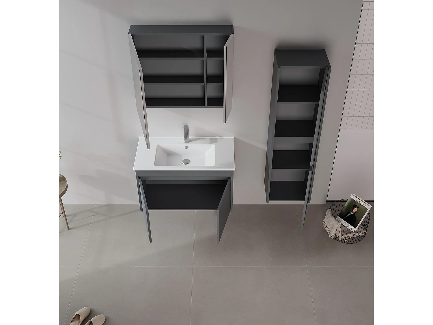 Wastafelmeubel met spiegel (2-delig) "Side 85 v2" - 85 x 45 x 52 cm - Mat antraciet
