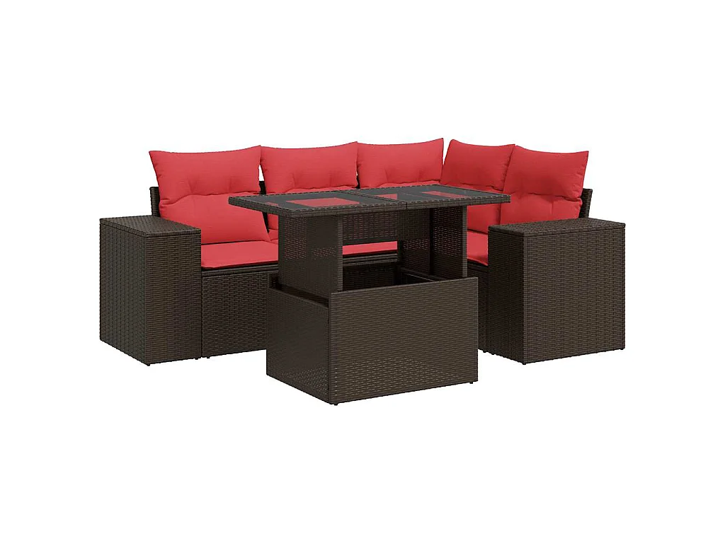 Salon de jardin avec coussins 5 pièces marron résine tressée acacia