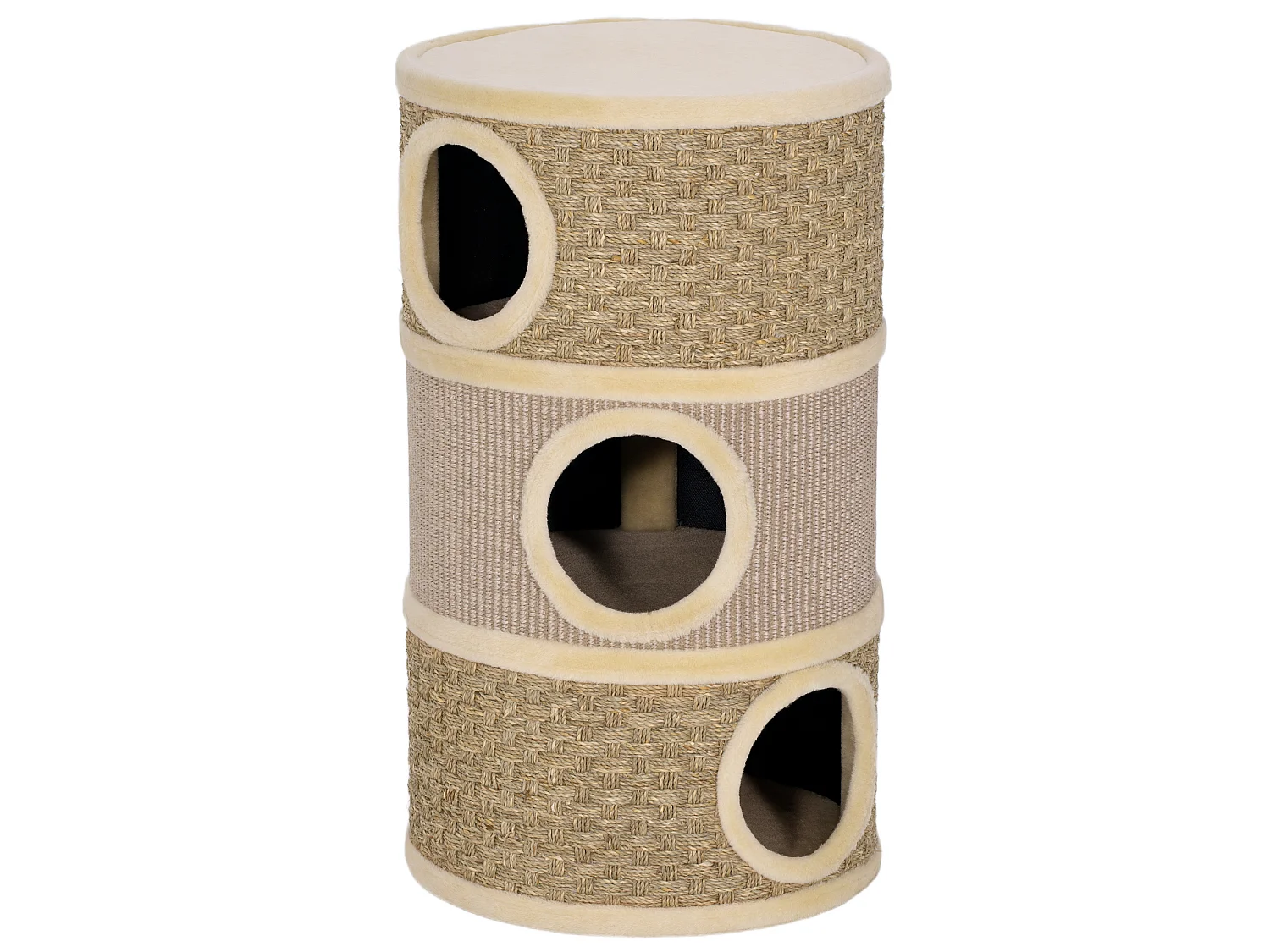 Arbre à chat cylindrique tonneau griffoir - 3 niches + plateforme - sisal corde d'algues beige