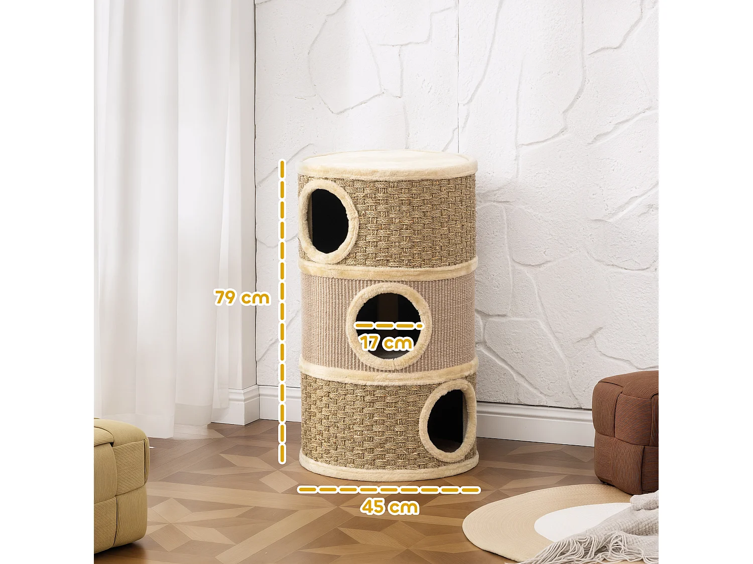 Arbre à chat cylindrique tonneau griffoir - 3 niches + plateforme - sisal corde d'algues beige