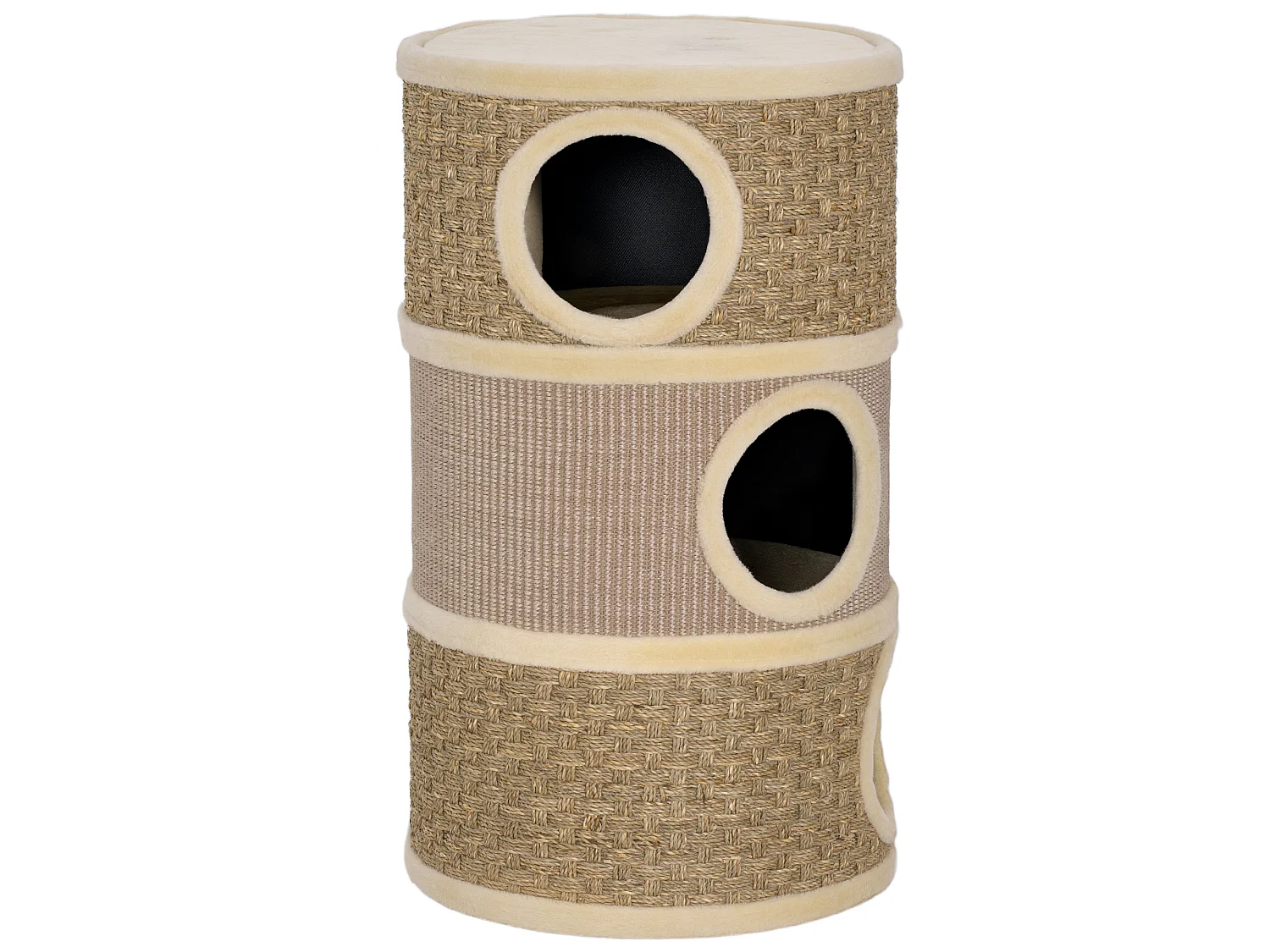 Arbre à chat cylindrique tonneau griffoir - 3 niches + plateforme - sisal corde d'algues beige