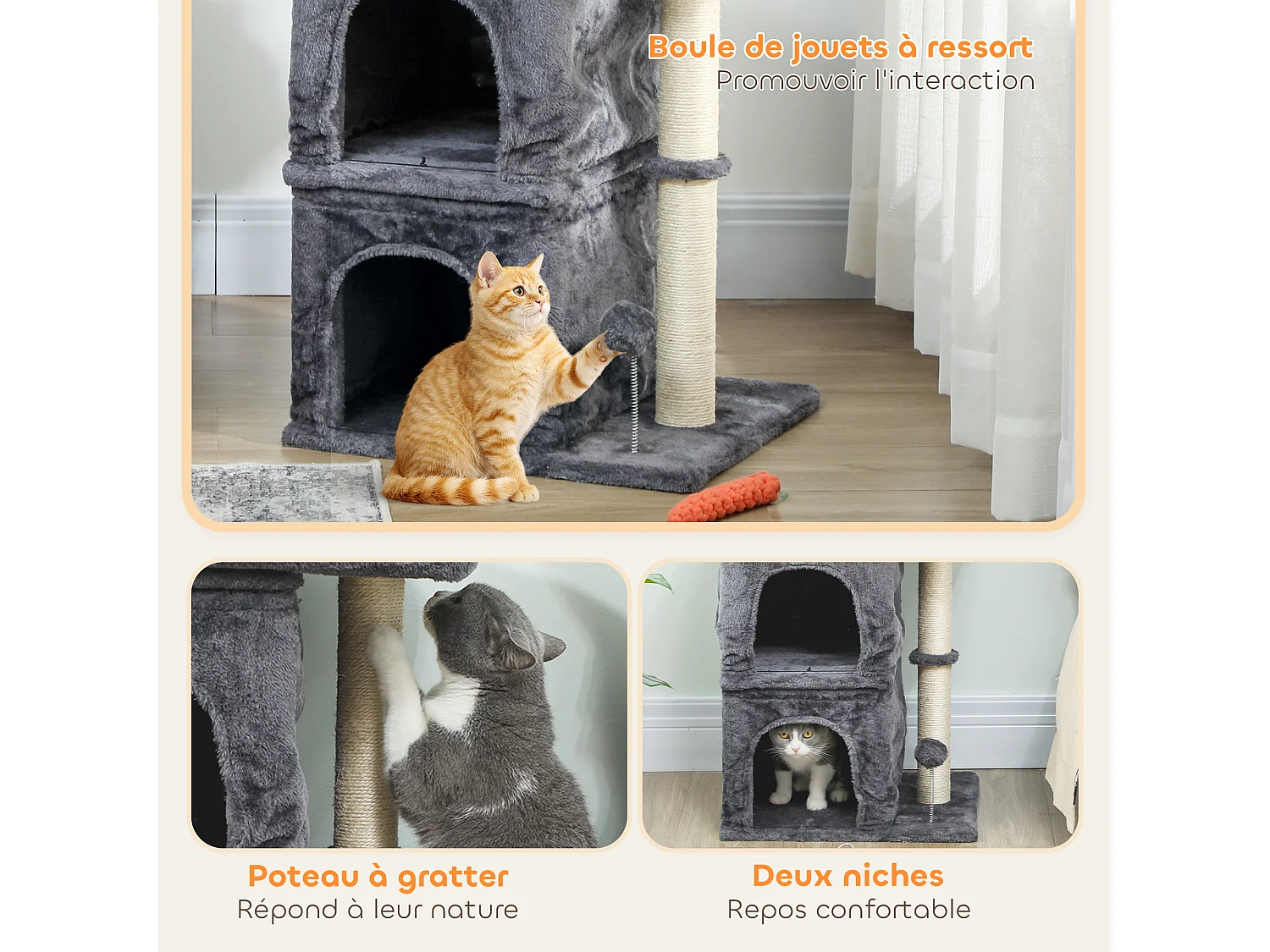 Arbre à chat griffoir 2 niches grande plateforme panier d'observation boule ressort gris